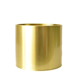 Minimalist cylindrical golden metal flower pot with a smooth polished finish on white background