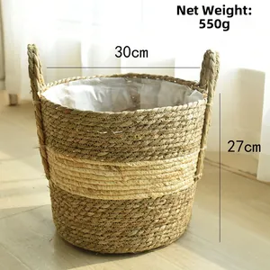 Close-up of seagrass woven basket with waterproof liner and size dimensions shown