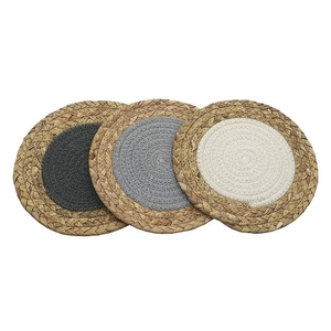 Lot de 3 dessous de verre ronds tissés en paille naturelle et coton coloré