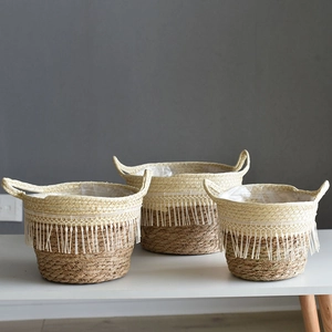 Handmade Rattan Woven Flower Basket With Waterproof Lining Bohemian Tassel Storage Basket Rural Style Indoor Plant Pot