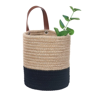 Handwoven Jute Hanging Basket With Leather Handle Two Tone Round Storage Bin For Plants Sundries Wall Hanging Home Decor