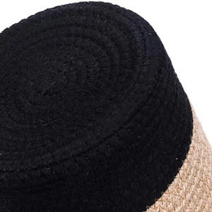 Two-tone woven cotton linen hanging basket with leather handle and round black base