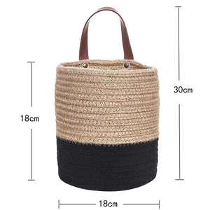 Hanging jute planter basket with leather handle and black stitching, 18x18cm size