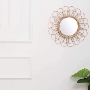Handwoven rattan sunflower wall mirror in bohemian style for living room and bathroom