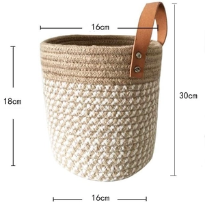 Cotton rope hanging plant basket with leather handle for home wall decor and storage