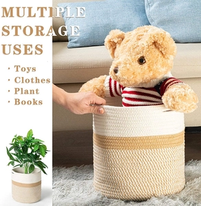Detail view of woven cotton rope storage basket for toys and plants in home settings