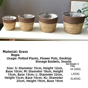 Detailed size chart for straw woven plant pots with dimensions for S to XL sizes