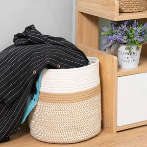 Three-tone cotton rope woven basket for laundry and plants with natural texture