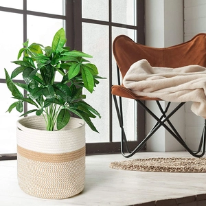Handwoven Hemp Storage Basket Round Two-Tone Woven Plant Pot Cover With Handles Nordic Decorative Laundry Bin Home Organizer