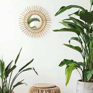 Detail of bohemian round rattan wall mirror styled with tropical plants and home decor