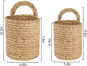 Detail view showing dimensions for two woven seagrass hanging wall storage baskets