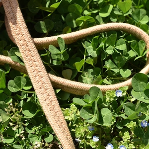 Close-up of the thick beige woven rope handle texture on a natural green grass background