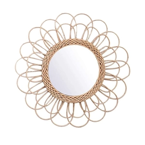 Bohemian round wall mirror with natural rattan woven double-layer petal frame design