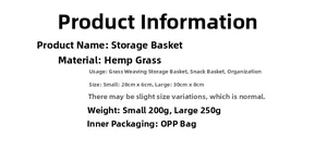 Specifications of woven grass storage basket showing size and weight in a clear layout