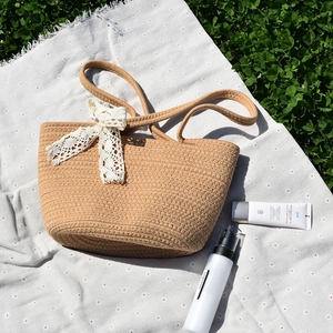 Women Casual Hemp Woven Tote Bag With Lace Bow Handmade Summer Beach Shoulder Bag Bohemian Style Handbag For Vacation