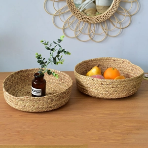 Handmade Water Hyacinth Woven Storage Basket Round Desktop Sundries Organizer Tray For Home Decor Natural Straw Fruit Bowl