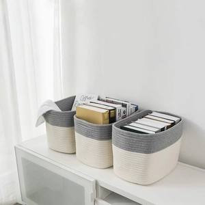 Three-piece set of woven cotton rope storage baskets for books and home organization