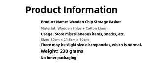 Detailed specifications of wood chip storage basket with linen lining 30x21.5x10cm