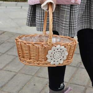 Handmade wicker flower basket with lace sunflower and sturdy handle for gift floral decor