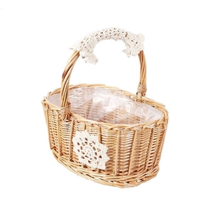 Handmade woven bamboo flower basket with white lace trim and plastic liner for gifts