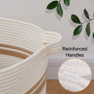Macro detail of reinforced handles and stitching on woven cotton rope laundry basket