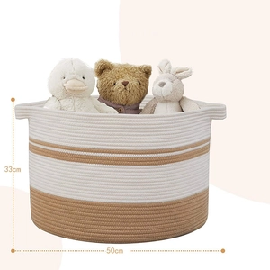 Detail showing 50cm wide cotton rope laundry basket with dual color stitching and side handles