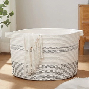 Large Cotton Rope Woven Storage Basket For Laundry Clothes Toys Modern Nordic Striped Round Organizer Bin With Handles Home