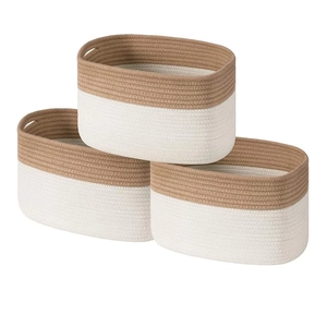 Three-piece set of woven cotton rope storage baskets in brown and cream rectangular design