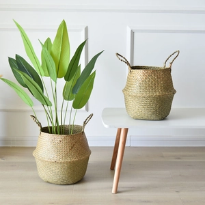 Handmade Straw Woven Storage Basket Foldable Seagrass Belly Basket For Indoor Plant Pot Toy Laundry Grocery Home Organizer