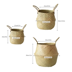 Three-piece nesting set of handmade seagrass storage baskets with precise dimension labels