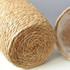 Thick hand-woven seagrass planter basket with waterproof plastic liner for home plants