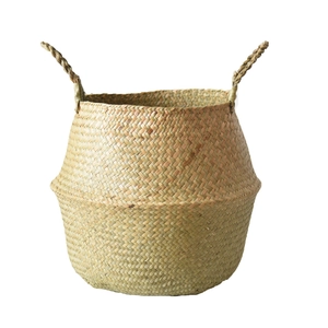 Handwoven seagrass belly basket with handles for home storage and plant decoration