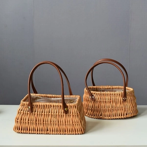 Pastoral Handwoven Rattan Flower Basket With Double Leather Handles And Waterproof Liner Portable Storage Picnic Basket