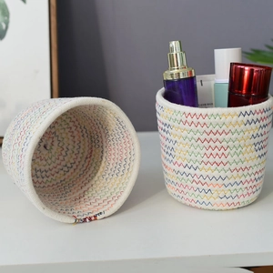 Handmade Hemp Rope Woven Desktop Storage Basket With Rainbow Zigzag Stitching Organizer For Cosmetics Pens Home Decor