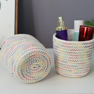 Rainbow stitched woven cotton rope storage basket for desktop makeup and organization