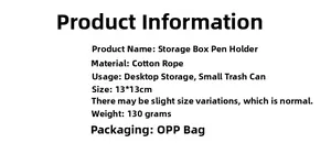 Specifications of cotton rope storage box measuring 13x13cm for desk organization