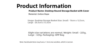 Size chart for woven cotton rope storage baskets with lids in small and large dimensions