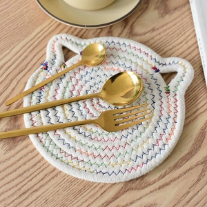 Japanese style woven cotton cup coaster with cat ear shape and color wave stitching