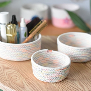 Set of 3 round woven cotton rope storage baskets with rainbow zigzag stitching