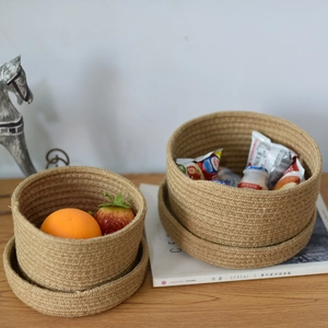 Handwoven jute and cotton storage basket set with lids for home organization