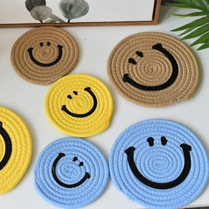 Handmade Woven Hemp Coaster Round Smiley Face Heat Resistant Placemat Cat Head Shape Kitchen Mat Decorative Table Pad