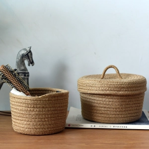 Handmade Jute Woven Storage Basket With Lid Decorative Desktop Organizer Bin For Home Essentials Snacks Keys