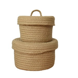 Handwoven cotton rope storage basket set with lids and ring handles in oat color