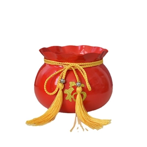Roter chinesischer Fu-Glücksbeutel Keramik-Blumentopf mit goldener Quaste und Schriftzug
