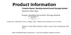 Size chart for cotton rope storage baskets showing dimensions for small, medium and large sizes