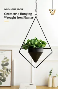 Detail of a modern black geometric hanging wrought iron planter with lush green foliage