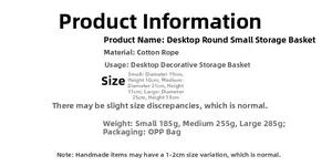 Size chart showing small, medium, and large cotton rope storage baskets dimensions