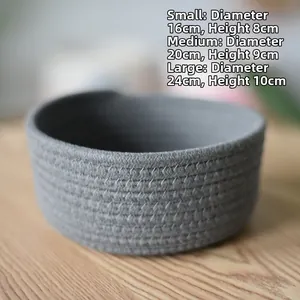 Three sizes of grey cotton rope storage baskets showing diameter and height details