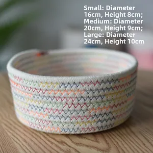 Three sizes of cotton rope baskets with rainbow stitching: S 16x8cm, M 20x9cm, L 24x10cm