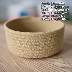 Three sizes of cotton rope storage baskets on wood table with detailed dimensions listed